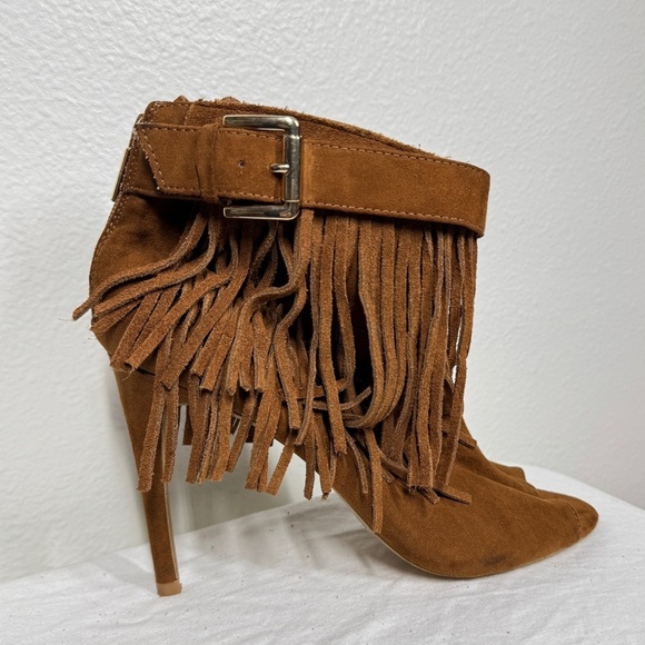 Express Brown Suede Leather Fringe Peep Toe Heeled Boho Western Booties Size 9 - Picture 3 of 11